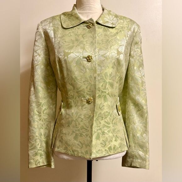 NIPON BOUTIQUE Suit Jacket Green  Floral with Rhinestone Buttons Sz 14 - Picture 1 of 10